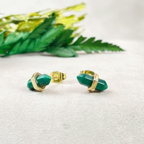 Malachite Gemstone 11x5mm Double Point Sterling Silver Gold Vermeil Stud