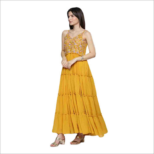 Floral Embroidered Gown Dress - Color: Yellow