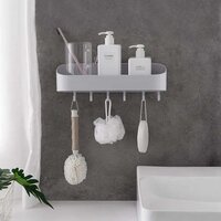Multipurpose Bathroom Kitchen Shelf Plastic Wall Storage Organizer with 6 Hooks Without Drill self Adhesive and Magic Sticker (4058)