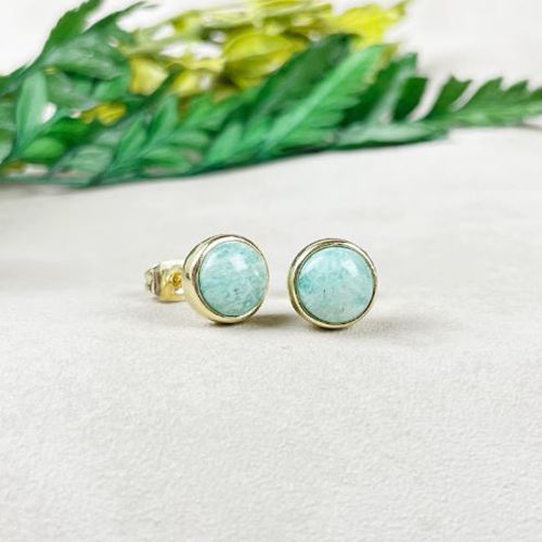 Amazonite Gemstone 8mm Round 925 Sterling Silver Gold Vermeil Bezel Set Stud