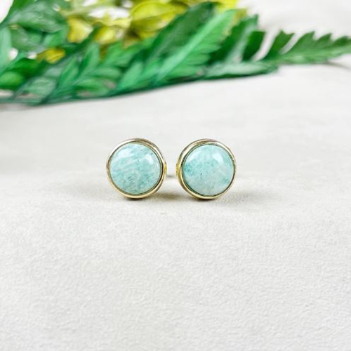 Amazonite Gemstone 8mm Round 925 Sterling Silver Gold Vermeil Bezel Set Stud