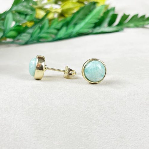 Amazonite Gemstone 8mm Round 925 Sterling Silver Gold Vermeil Bezel Set Stud