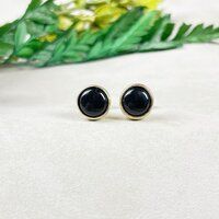 Black Onyx 8mm Round 925 Sterling Silver Gold Vermeil Bezel Set Stud