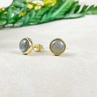 Labradorite Gemstone 8mm Round 925 Sterling Silver Gold Vermeil Bezel Set Stud