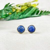 Lapis Lazuli Gemstone 8mm Round 925 Sterling Silver Gold Vermeil Bezel Set Stud