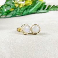 Rainbow Moonstone 8mm Round 925 Sterling Silver Gold Vermeil Bezel Set Stud