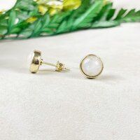 Rainbow Moonstone 8mm Round 925 Sterling Silver Gold Vermeil Bezel Set Stud