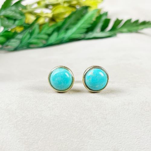 Turquoise Gemstone 8mm Round 925 Sterling Silver Gold Vermeil Bezel Set Stud