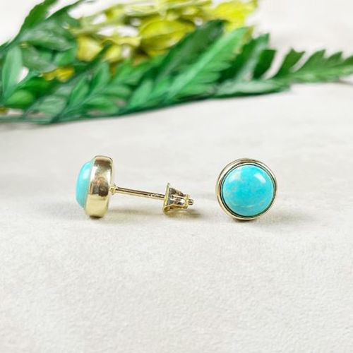 Turquoise Gemstone 8mm Round 925 Sterling Silver Gold Vermeil Bezel Set Stud