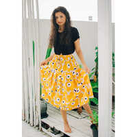 Top And Stylish Floral Skirt Set - Organic Cotton Fabric Material, Customized Size, Black & Yellow-Multicolour Options, Breathable & Washable