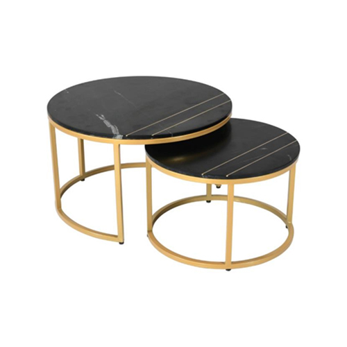 Black Marble With Gold Powder Coat Metal Base Coffee Table Set of 2
