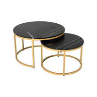 Black Marble Coffee Table Set - Iron Metal Base , Antique Round Indoor Furniture for Living Room
