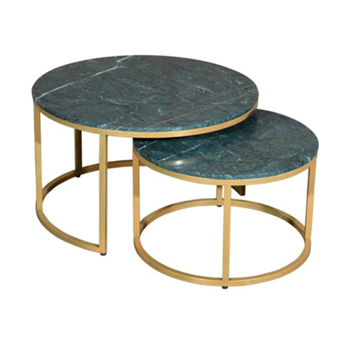 Green Marble With Gold Powder Coat Metal Base Coffee Table Set of 2