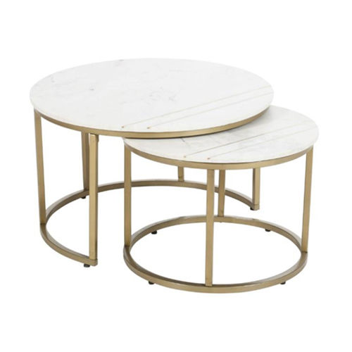 White Marble With Gold Powder Coat Metal Base Coffee Table Set of 2