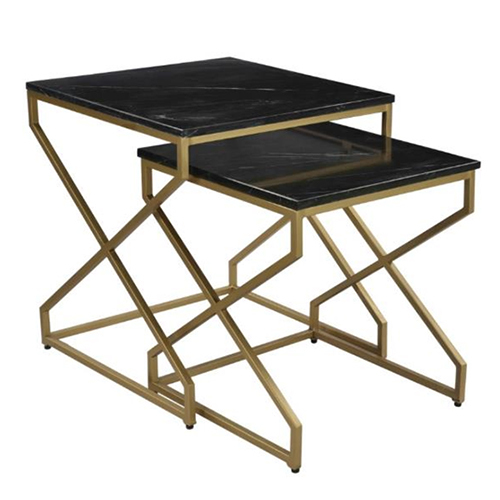 Black Marble With Gold Powder Coat Metal Base Side Table Set of 2