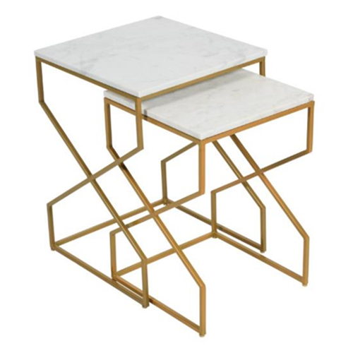 White Marble With Gold Powder Coat Metal Base Side Table Set of 2