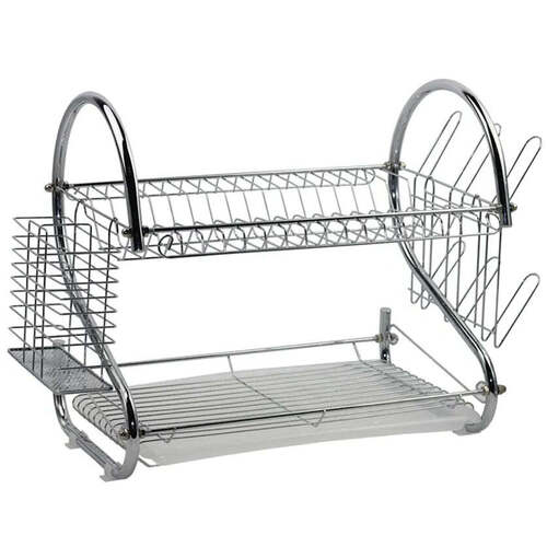 Silver Kitchen Dish Cup Drying Rack 2 Tier Drainer Dryer Tray Cutlery Holder Organizer 59cm (7670)