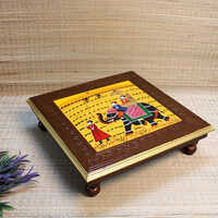 Brown 18X18X5.5 Inch Wooden Printed Elephant Chowki