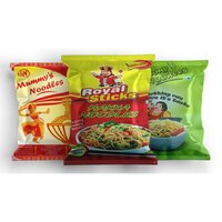Chowmein Noodles Laminated Pouches - Polystyrene, 3 Side Sealed, Glossy Finish | Custom Design, Vibrant Rotogravure Printing