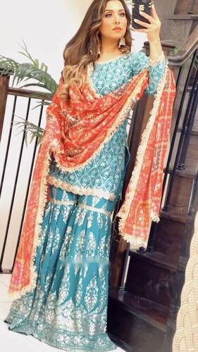 Faux Georgette Full Sleeve With Rivet Moti Work Salwar Suit