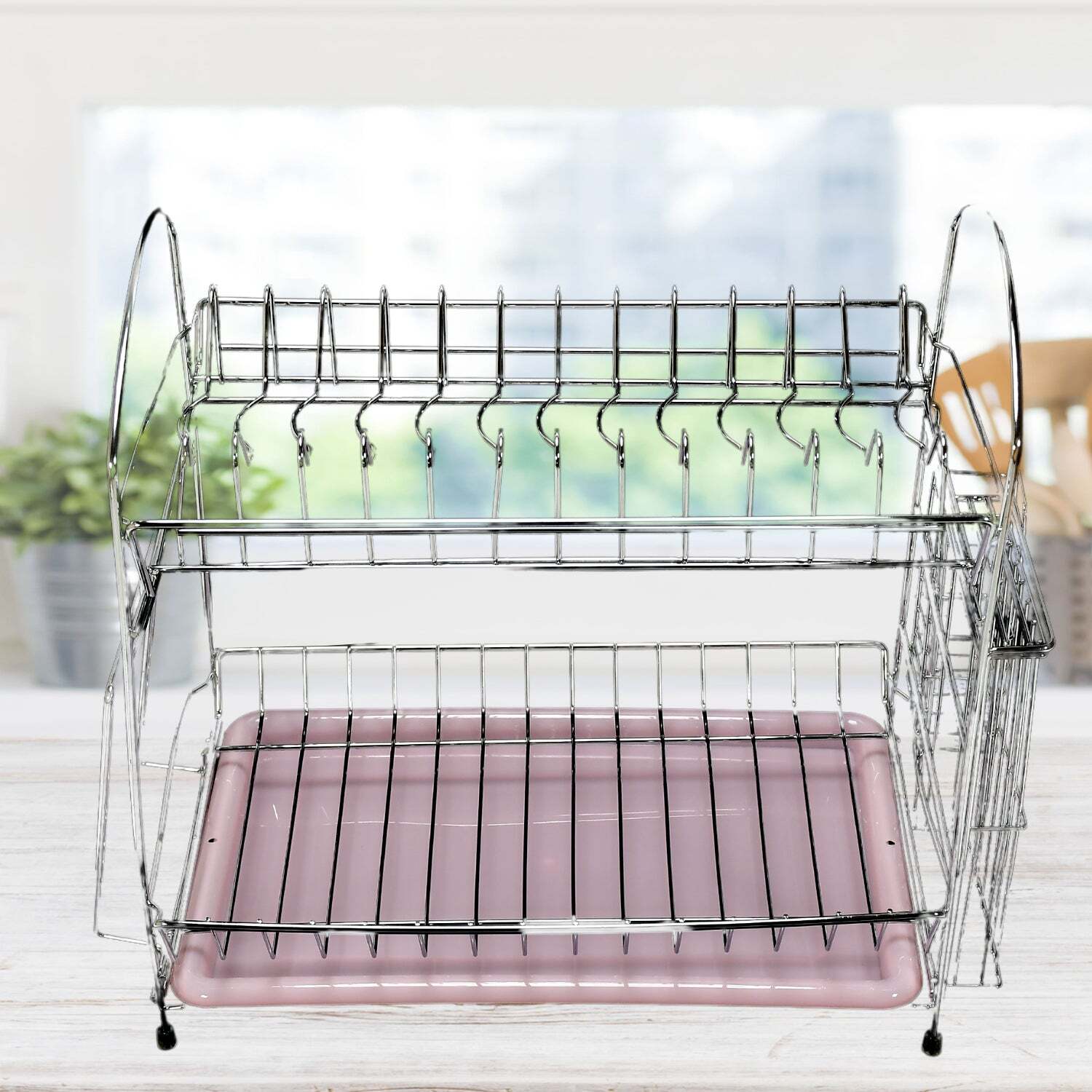 STAINLESS STEEL S SHAPE 2 LAYER KITCHEN DISH DRAINER ORGANIZER STORAGE RACK (7663)