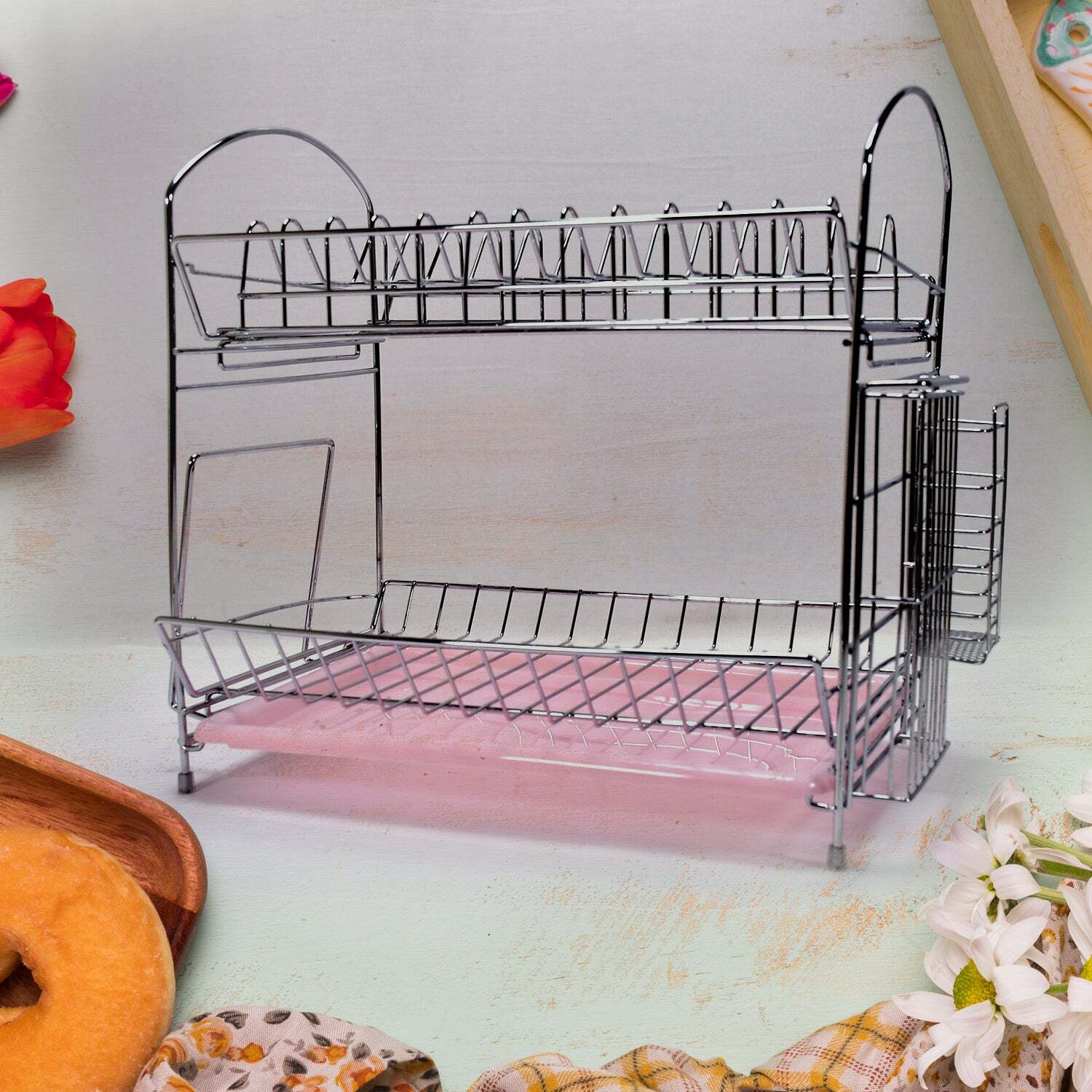 STAINLESS STEEL S SHAPE 2 LAYER KITCHEN DISH DRAINER ORGANIZER STORAGE RACK (7663)