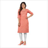 Floral Straight Kurta - Cotton, Available in XS-XXXL Sizes, Elegant Peach with White Sequin Work | Ideal for Gifting at Weddings and Parties