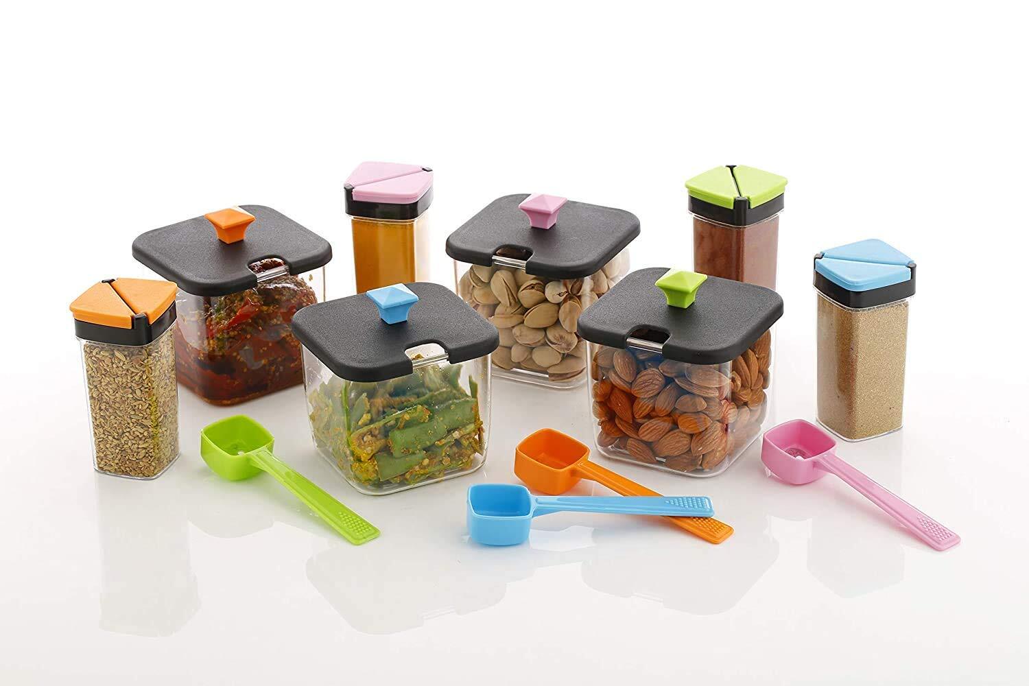 MULTIPURPOSE RAJWADI STYLE SPICE and PICKLE JAR SET 4 CONTAINERS WITH 2 SPOONS (2174)