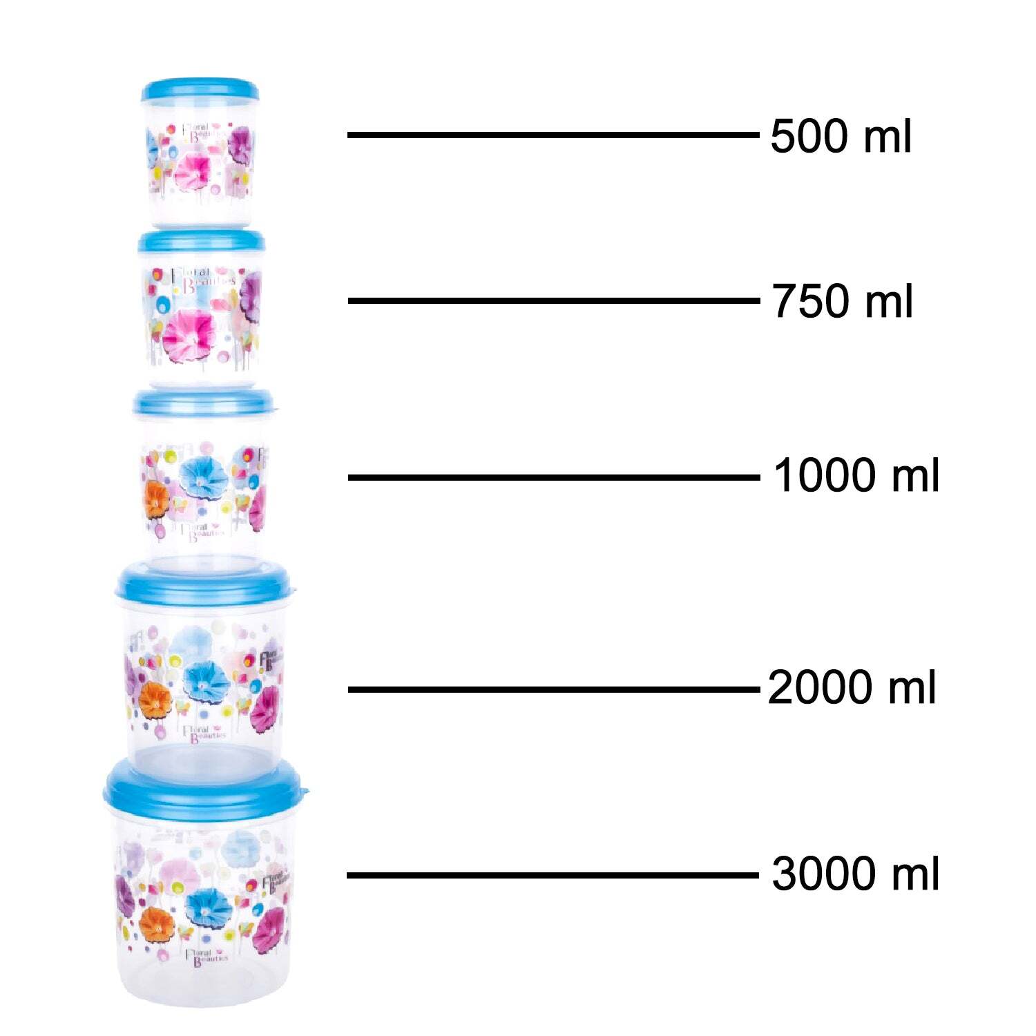 PLASTIC TRANSPARENT CONTAINER AIR TIGHT DABBA SET (3000ML 2000ML 1000ML 750ML 500ML) (2446)