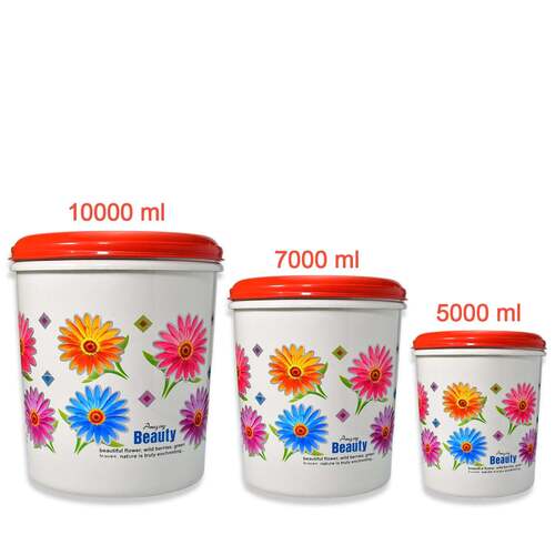 KITCHEN AIRTIGHT and FOOD GRADE PLASTIC FLORAL DESIGN GROCERY STORAGE CONTAINER/JAR. SET OF 3PCS - 5000ML 7000ML 10000ML (2062)