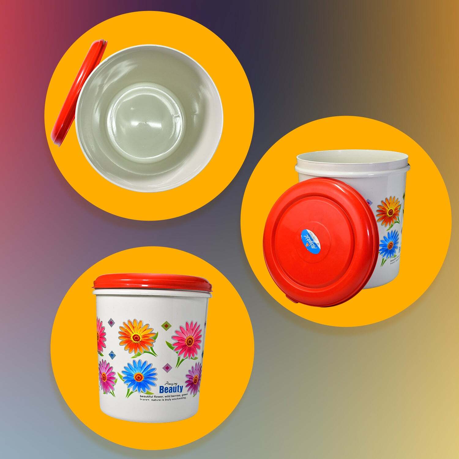 KITCHEN AIRTIGHT and FOOD GRADE PLASTIC FLORAL DESIGN GROCERY STORAGE CONTAINER/JAR. SET OF 3PCS - 5000ML 7000ML 10000ML (2062)