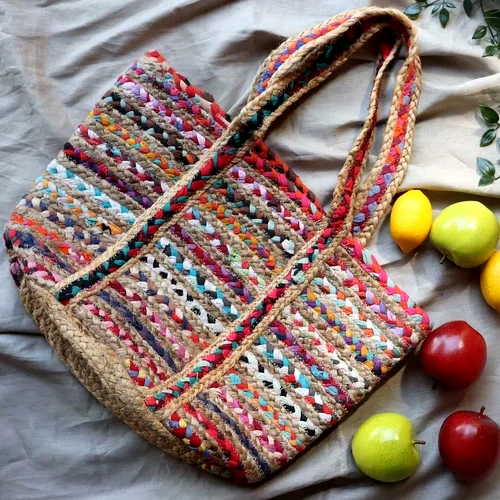 Braided Jute And Chindi Multi Color Bag