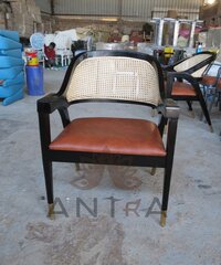 Wood Dining Chair - Teak Wood & Cane Material, Standard Height, Brown & Black Colors | Comfortable Upholstered Seat, Mid-century Design