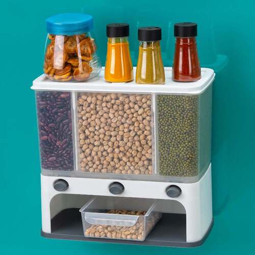 EASY FLOW CEREAL DISPENSER FOR KITCHEN 3 IN 1 PUSH BUTTON WALL MOUNT CONTAINER (2550)