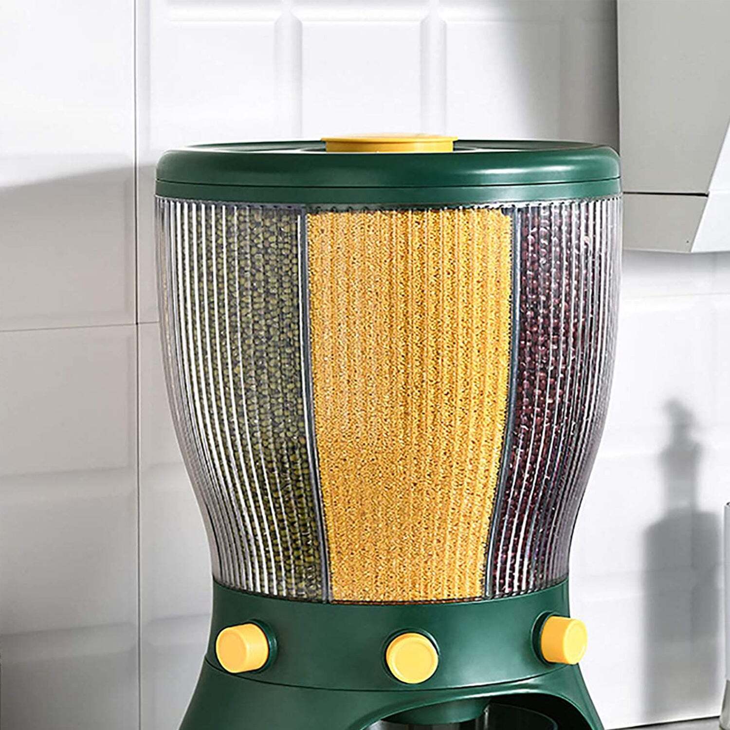 FOOD GRAIN STORAGE CONTAINER LARGE CAPACITY 4-GRID RICE DISPENSER ROTATABLE SEALED GRAIN FOOD STORAGE BOX RICE BUCKET DRY FOOD FRUIT BOX FOR HOME KITCHEN (2894)