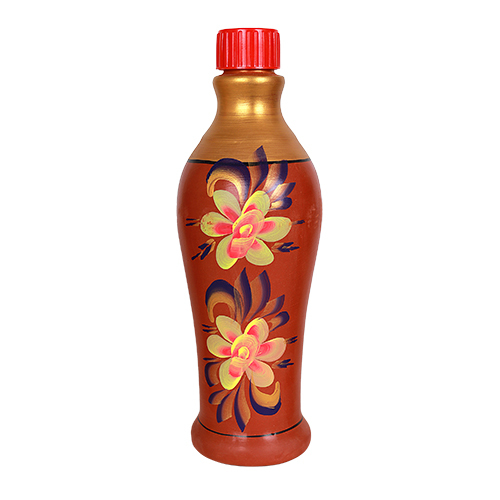Handmade Printed Clay Water Bottle - 12.5 Inch Height, 1 Liter Capacity | Multicolor, Regular Shape