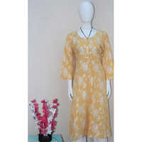 Ladies Yellow Printed Umbrella Cotton Kurti