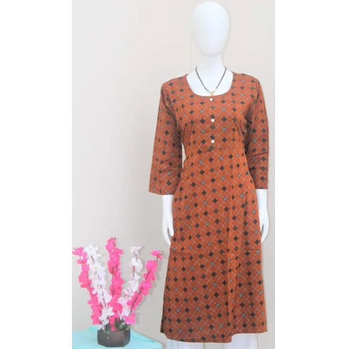 Washable Brown Printed Cotton Kurti