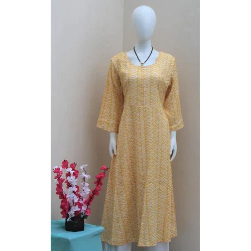 Washable Ladies Yellow Printed Cotton Anarkali Kurti