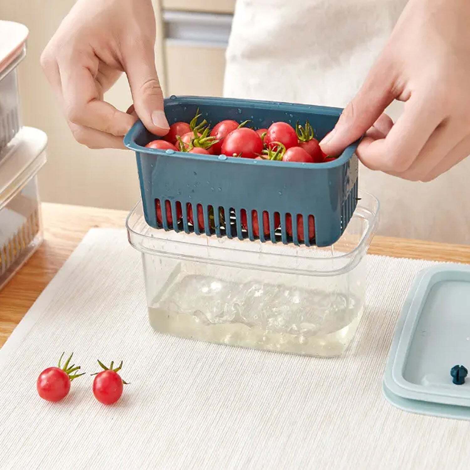 FOOD STORAGE CONTAINERS FRIDGE PRODUCE STACKABLE REFRIGERATOR ORGANIZER KEEPER DRAWERS BINS BASKETS WITH LIDS AND REMOVABLE DRAIN TRAY (5281)