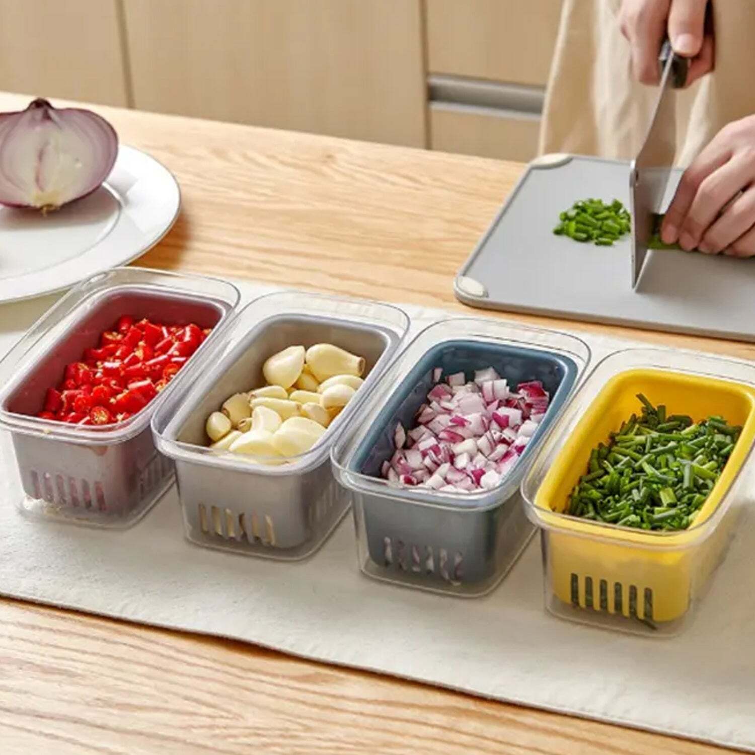 FOOD STORAGE CONTAINERS FRIDGE PRODUCE STACKABLE REFRIGERATOR ORGANIZER KEEPER DRAWERS BINS BASKETS WITH LIDS AND REMOVABLE DRAIN TRAY (5281)