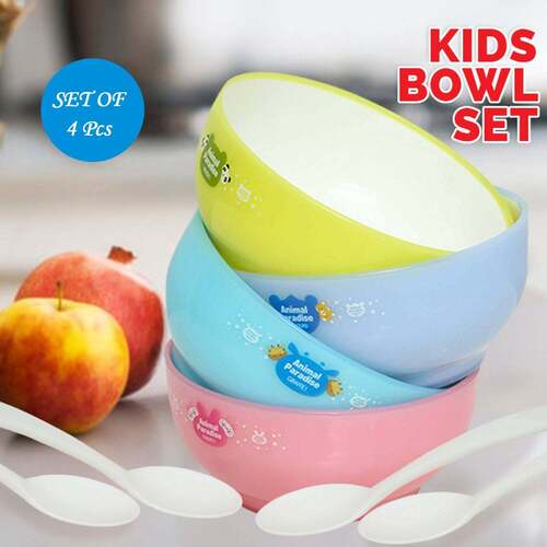 PLASTIC ANIMAL CARTOON COLORFUL BOWL SET 4 PIECES BOWL WITH 4 SPOONS FOR KIDS (ASSORTED COLOR) (4816)
