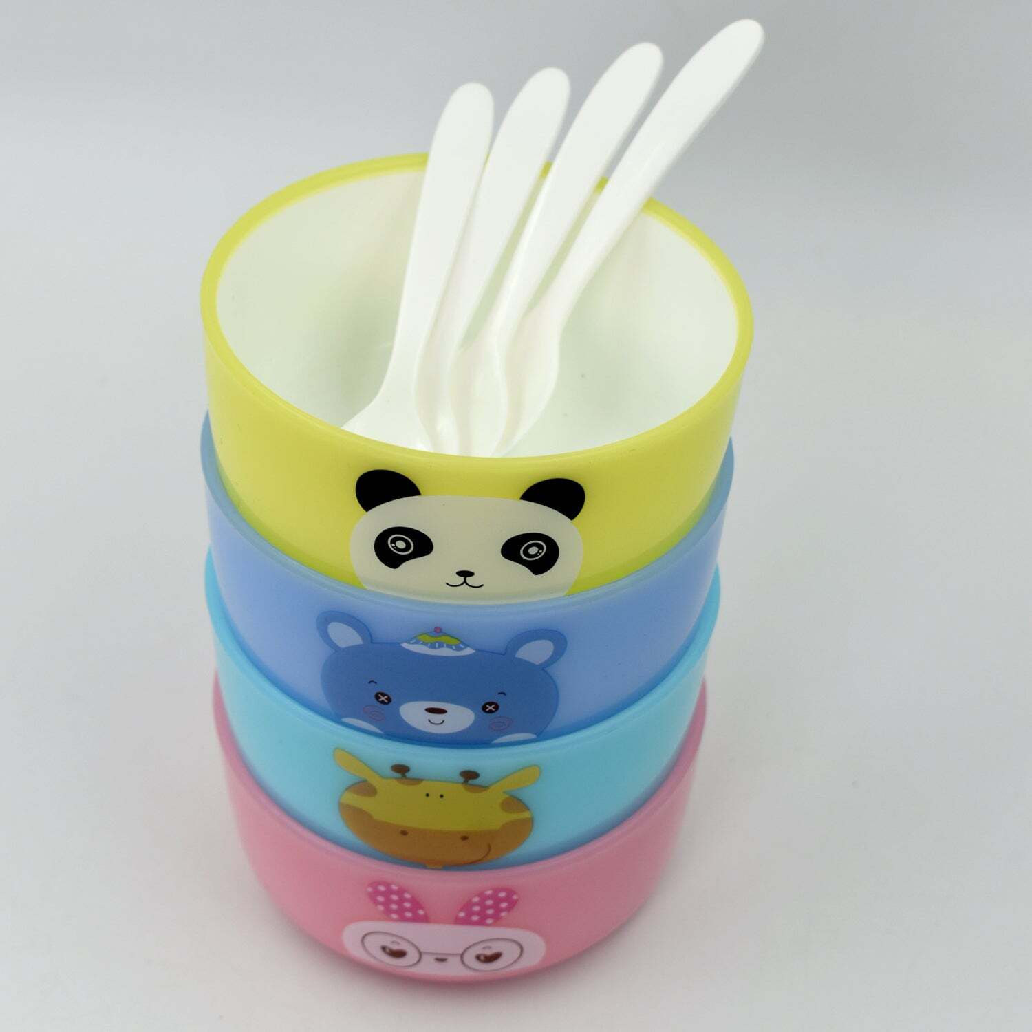PLASTIC ANIMAL CARTOON COLORFUL BOWL SET 4 PIECES BOWL WITH 4 SPOONS FOR KIDS (ASSORTED COLOR) (4816)