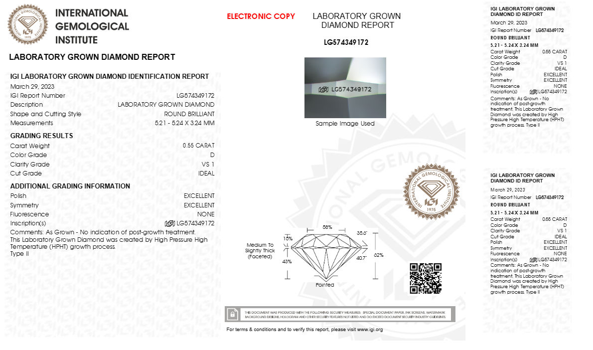 Round 0.55ct Lab Grown Diamond HPHT D VS1 IGI Certified Stone
