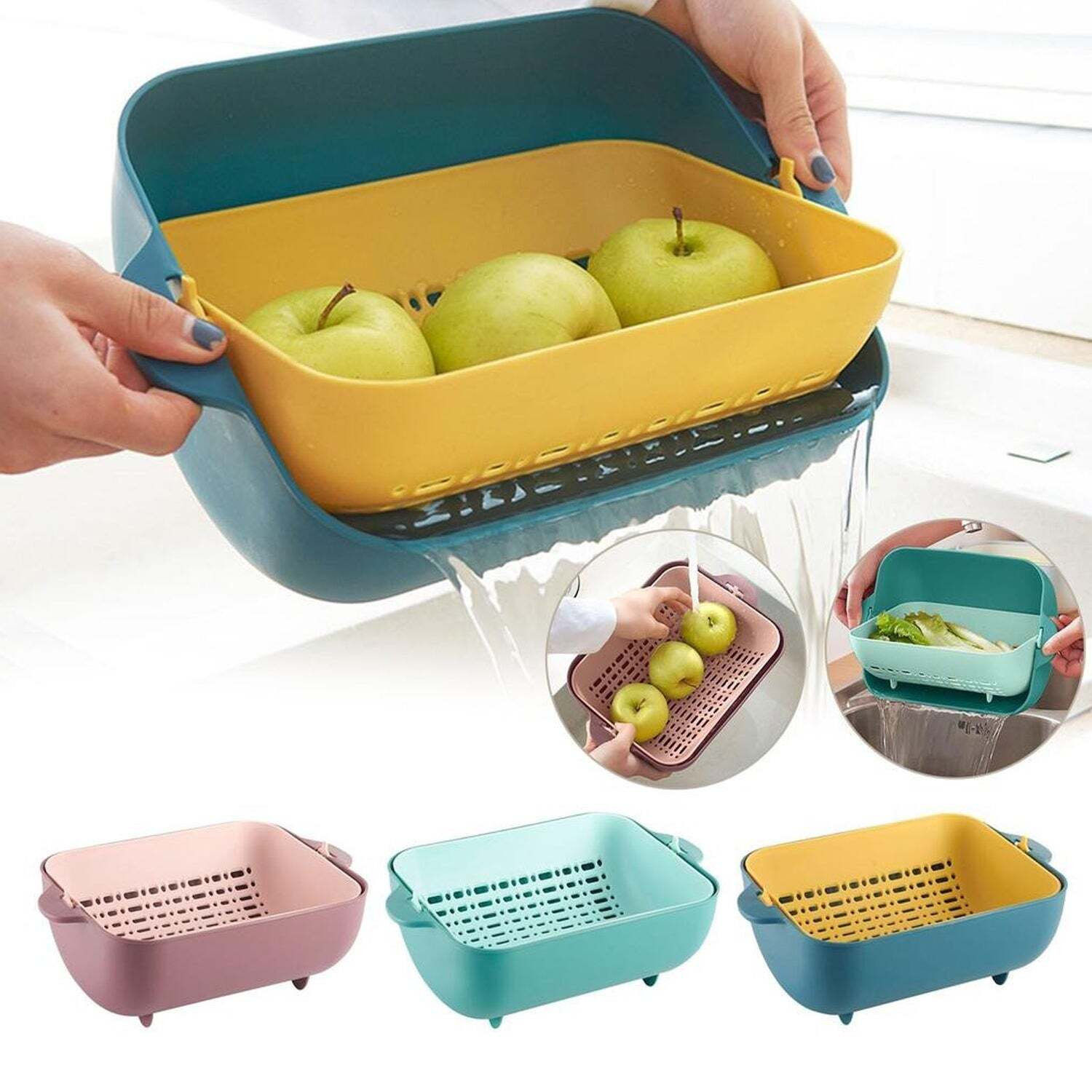 MULTIFUNCTIONAL BPA FREE DOUBLE LAYERED PLASTIC ROTATABLE STRAINER BOWL WITH HANDLES FOR WASHING (2717)