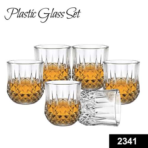 Plastic Heavy Unbreakable Stylish Look Fully Transparent Glasses Set 315Ml (6Pcs) (2341)