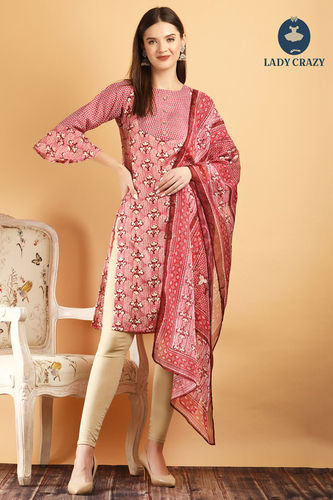 PINK Magic print round gala straight kurti with dupatta P9 U0 U1 U2