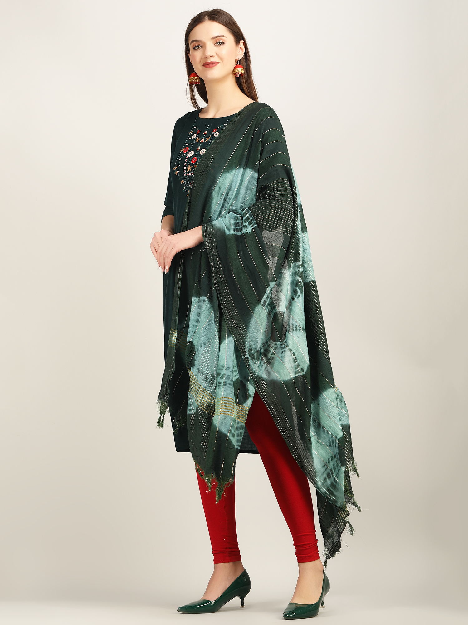 Bottel green Maslin tabla work straight kurti with dupatta U9