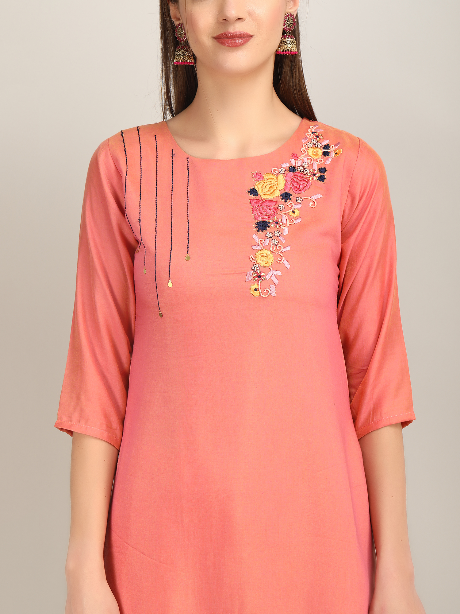 PEACH Maslin 2 tone straight kurti with dupatta 1 side butta N0