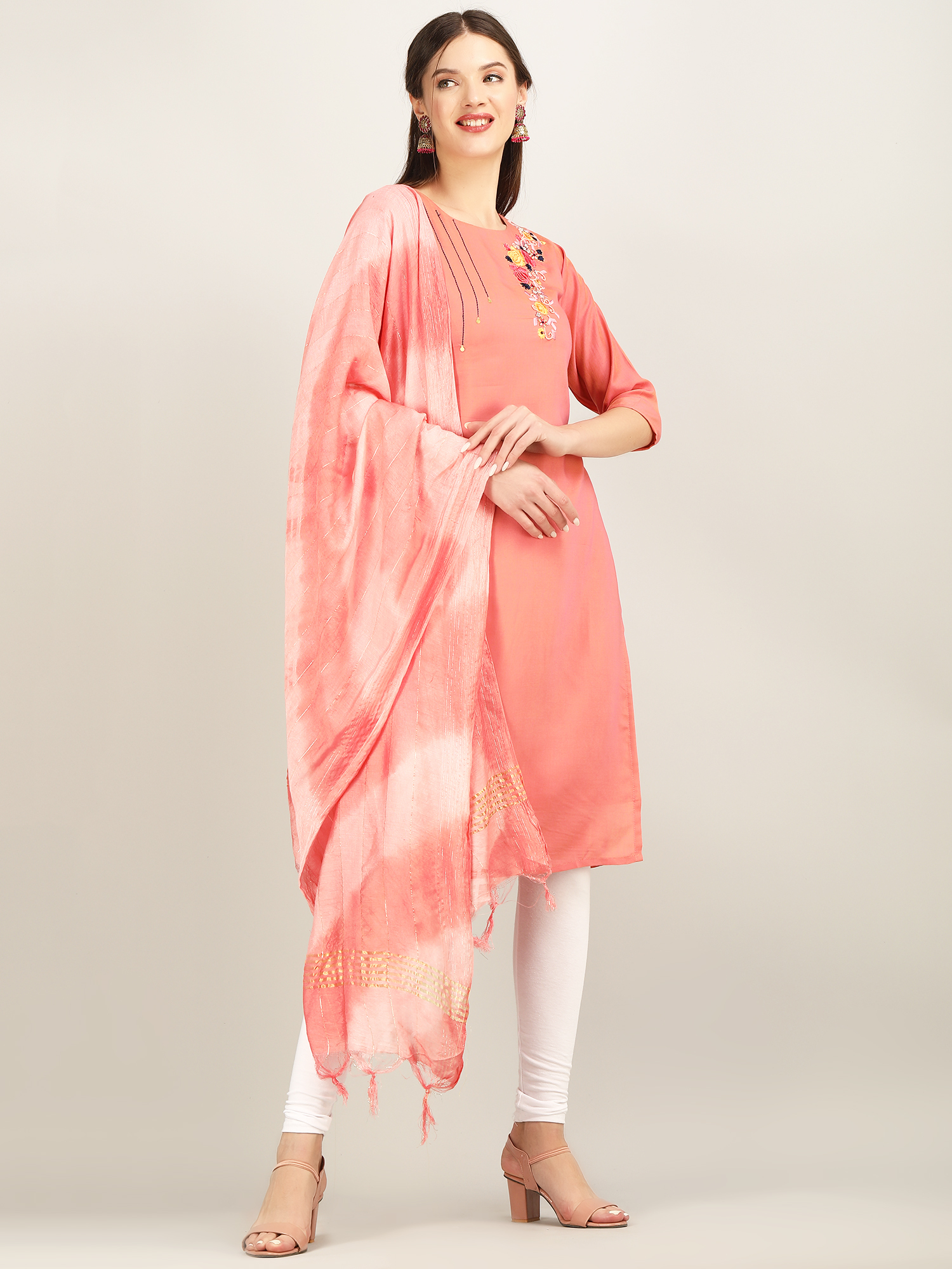 PEACH Maslin 2 tone straight kurti with dupatta 1 side butta N0